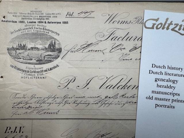 Factura P.J. Valckenberg, hoflieferant Worms. Liebfraumilch Enclos Klostergarten/Liebfraustift und Kattenloch. 24 Juni 1890.