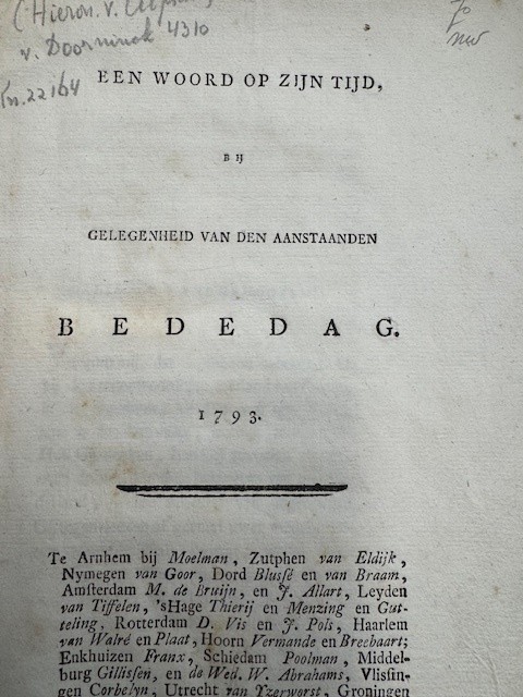 ALPHEN, HIERONYMUS VAN, Een woord op zijn tijd, bij gelegenheid van den aanstaanden bededag. 1793