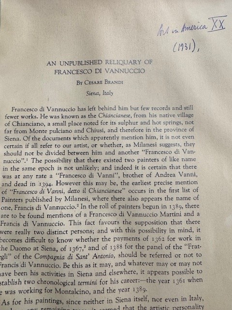 BRANDI, C., An unpublished reliquary of Francesco di Vannuccio.