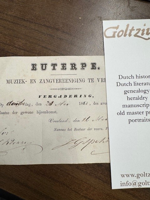 Euterpe. Muziek- en zangvereniging te Vreeland. Uitnodiging/invitation for the vergadering on 21 May 1863 dated 16 May 1863 and signed by J.G. Spekschoor (?).
