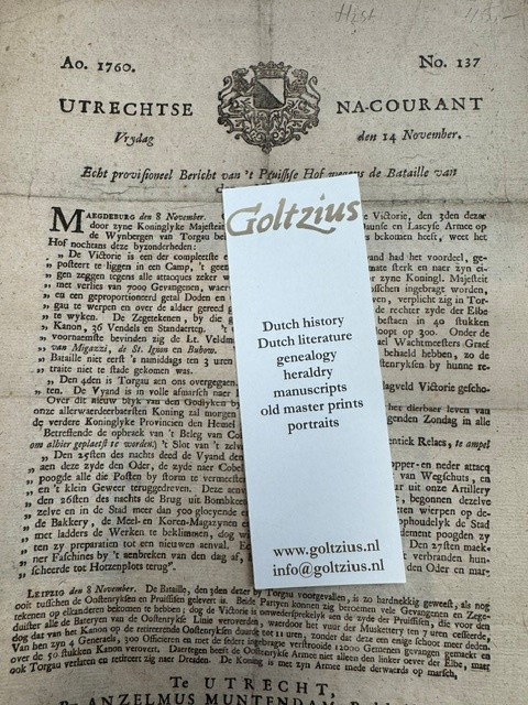 Utrechtse Na-courant, Vrydag 14 November 1760. No. 137. Echt provisioneel bericht van 't Pruissche Hof wegens de Bataille van den 3. November.