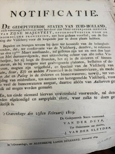 Notificatie De Gedeputeerde staten van Zuid-Holland. Sluiting der Visscherij voor dit loopende jaar.