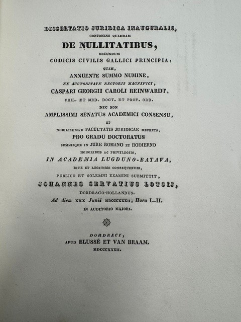 LOTSIJ, J.S., Dissertatio juridica inauguralis continens quaedam de nullitatibus.