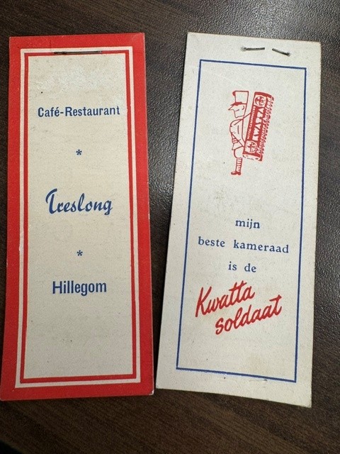 Advertising reclame Kwatta Soldaatje. Hotel Cafe Restaurant Willems Groningen/Cafe-Restaurant Treslong Hillegom