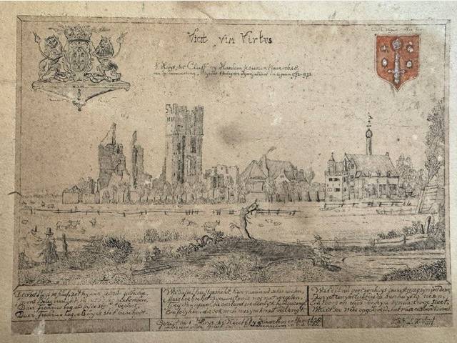 Original drawing in ink from Huis ter Cleef in Haarlem in 1628 after an engraving by Saenredam/Van der Velde.