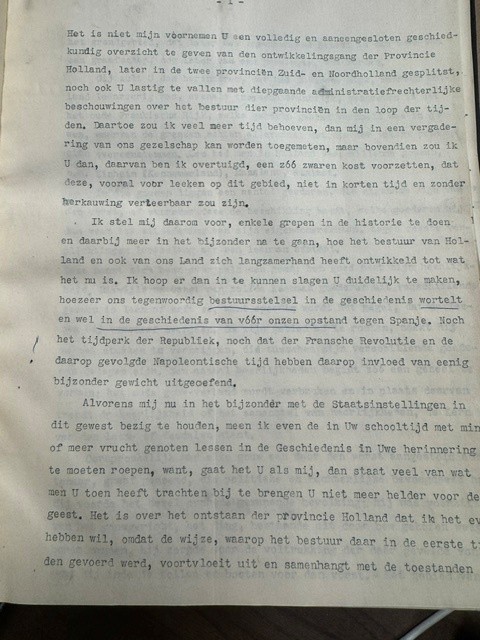 Original notes (typewritten) of a speech held by S. Vening Meinesz griffier van de staten van Noord-Holland in 1931 for Griffierskring Den Haag.