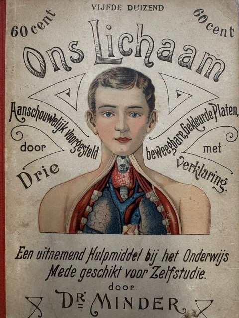 MINDER, [DR.],, Ons lichaam aanschouwelijk voorgesteld door drie beweegbare gekleurde plate met verklaring. Een uitnemend middel bij het Onderwijs, mede geschikt voor Zelfstudie. .