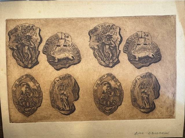 Engraving of city seals of Rouen and Palais de Justice attributed to Aime Dallemagne.