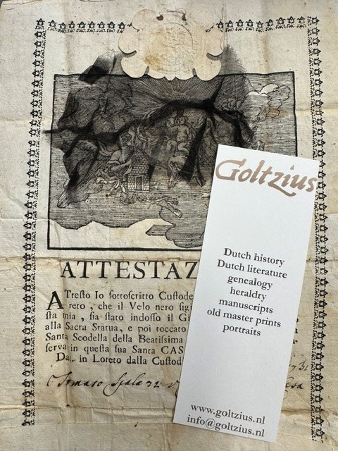 Attestazione San Casa di Loreto dated 1731 with original relic of the black veil of the Madonna.