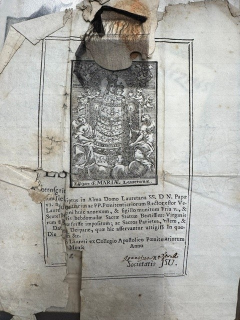 Attestazione San Casa di Loreto undated with original relic of the black veil of the Madonna.